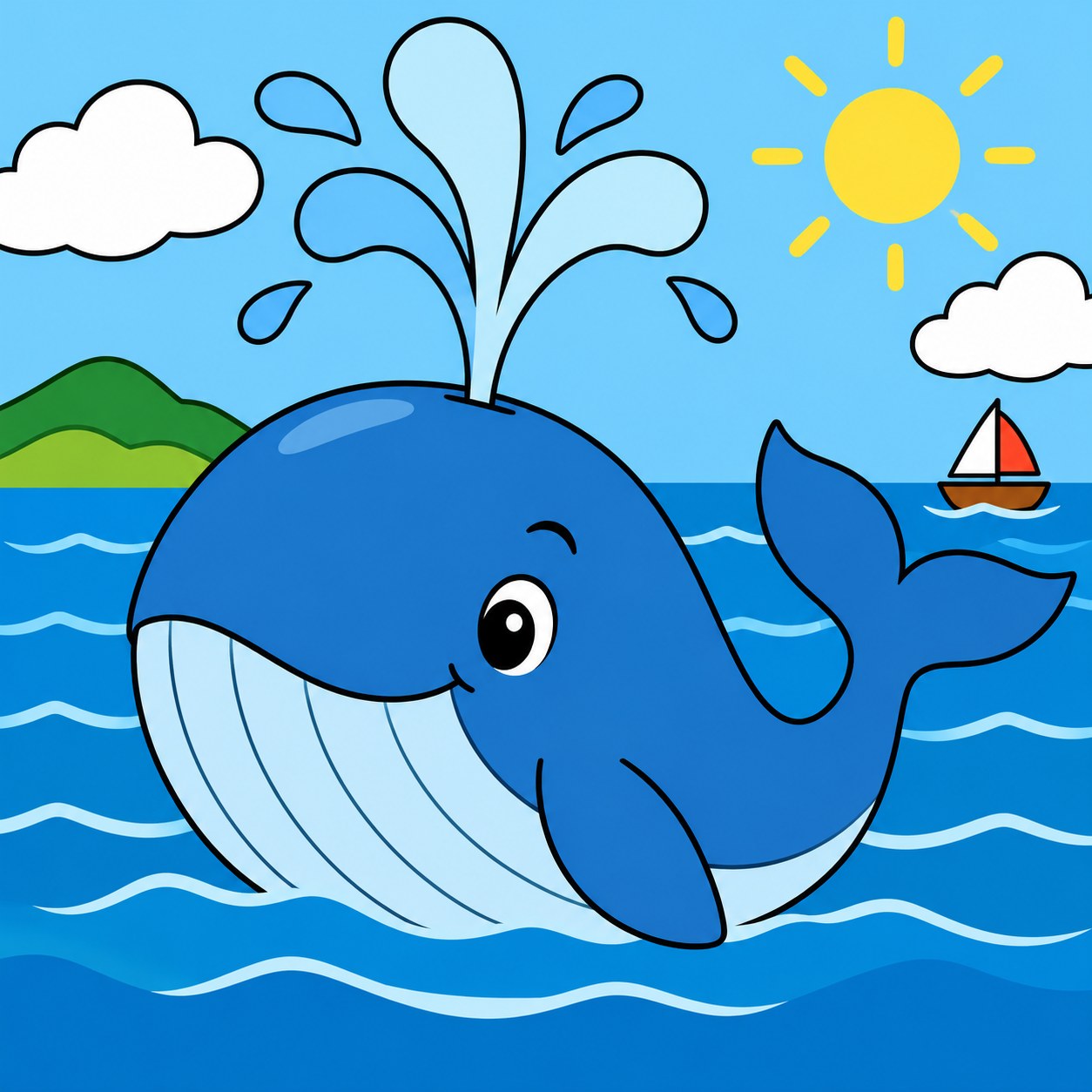 Digitaal ontwerp: vriendelijke blauwe walvis die een fontein water spuit in een kalme zee met een bootje in de verte