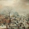 Winterlandschap met schaatsers van Hendrick Avercamp: bevroren rivier vol schaatsers, kolfspelers en sleeën bij een dorp met kale bomen