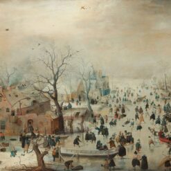 Winterlandschap met schaatsers van Hendrick Avercamp: bevroren rivier vol schaatsers, kolfspelers en sleeën bij een dorp met kale bomen