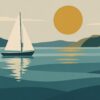 Digitaal ontwerp: zeilboot met twee witte zeilen op een stille zee in banen petrol en zeegroen, met groene heuvels en een mosterdgele zon