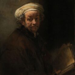 Zelfportret als de apostel Paulus van Rembrandt: Rembrandt met een witte tulband en een bundel papier, tegen een donkere achtergrond