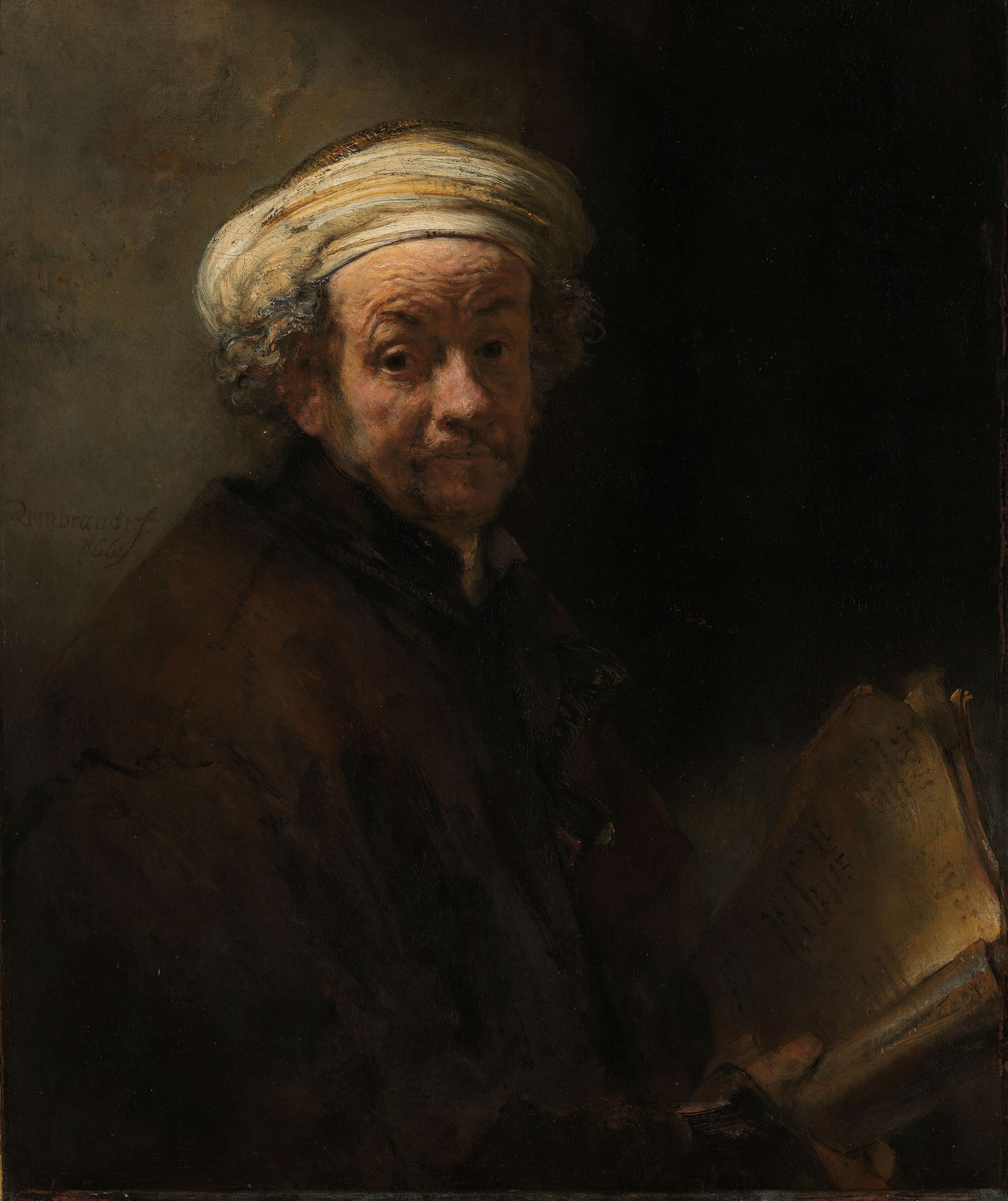 Zelfportret als de apostel Paulus van Rembrandt: Rembrandt met een witte tulband en een bundel papier, tegen een donkere achtergrond