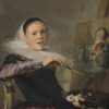 Zelfportret van Judith Leyster: de schilderes in een zwarte jurk met een witte kraag zit aan haar ezel met penseel en palet en kijkt lachend om