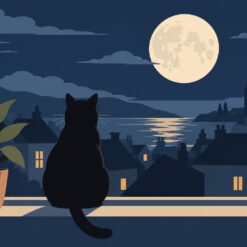 Digitaal ontwerp: zwarte kat van achteren op een vensterbank, kijkend naar de volle maan boven de daken van een stadje in nachtblauw, met een plant in een terracotta pot