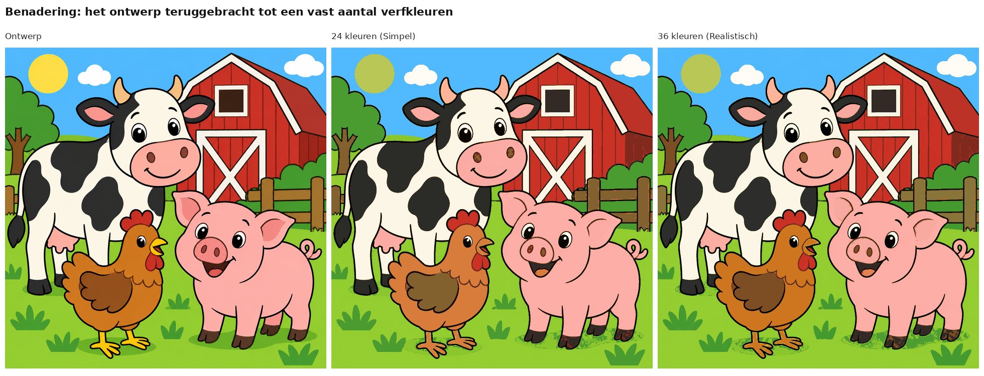 Benadering van het ontwerp koe, varken en kip op de boerderij met 24 en 36 verfkleuren