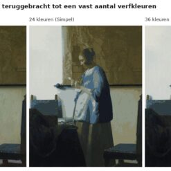 Benadering van Brieflezende vrouw in het blauw van Vermeer met 24 en 36 verfkleuren