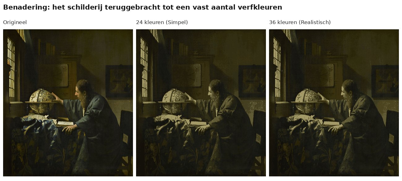 Benadering van De astronoom van Vermeer met 24 en 36 verfkleuren