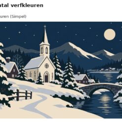 Benadering van het ontwerp dorpskerkje in de sneeuw met 24 en 36 verfkleuren