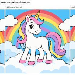 Benadering van het ontwerp eenhoorn op een wolk met 24 en 36 verfkleuren