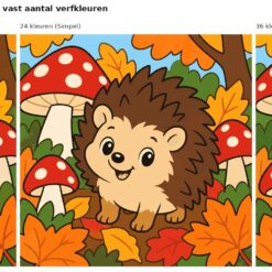 Benadering van het ontwerp egeltje met paddenstoelen met 24 en 36 verfkleuren