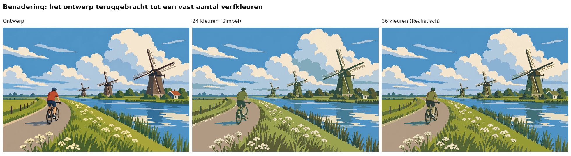 Benadering van het ontwerp fietser op de dijk bij de molens met 24 en 36 verfkleuren