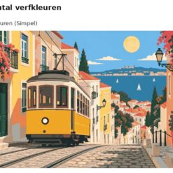 Benadering van het ontwerp gele tram in een zonnige straat met 24 en 36 verfkleuren