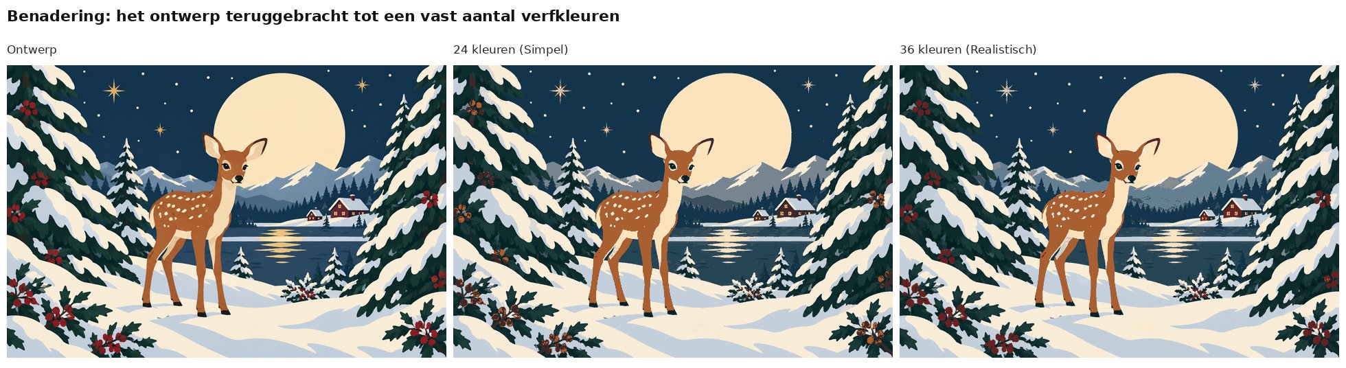 Benadering van het ontwerp hertje in de sneeuw met 24 en 36 verfkleuren