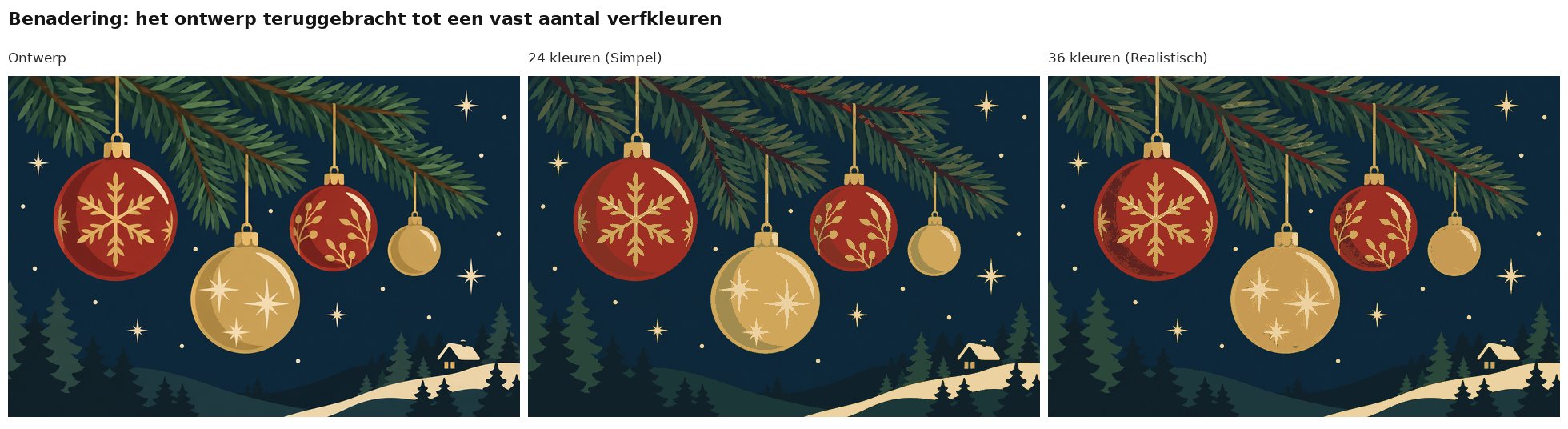 Benadering van het ontwerp kerstballen aan een dennentak met 24 en 36 verfkleuren