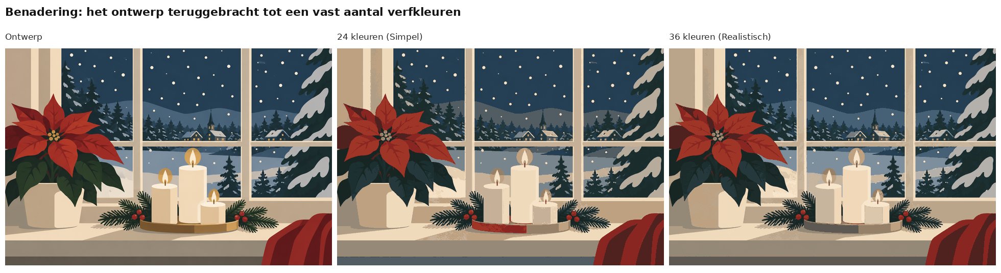 Benadering van het ontwerp kerstster en kaarsen bij het raam met 24 en 36 verfkleuren