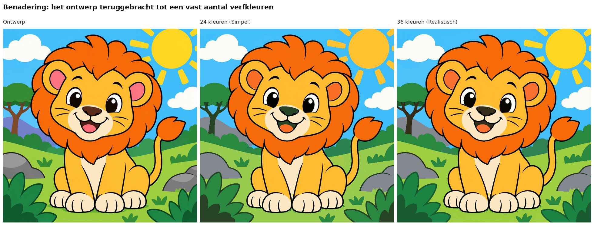 Benadering van het ontwerp leeuwtje in de zon met 24 en 36 verfkleuren