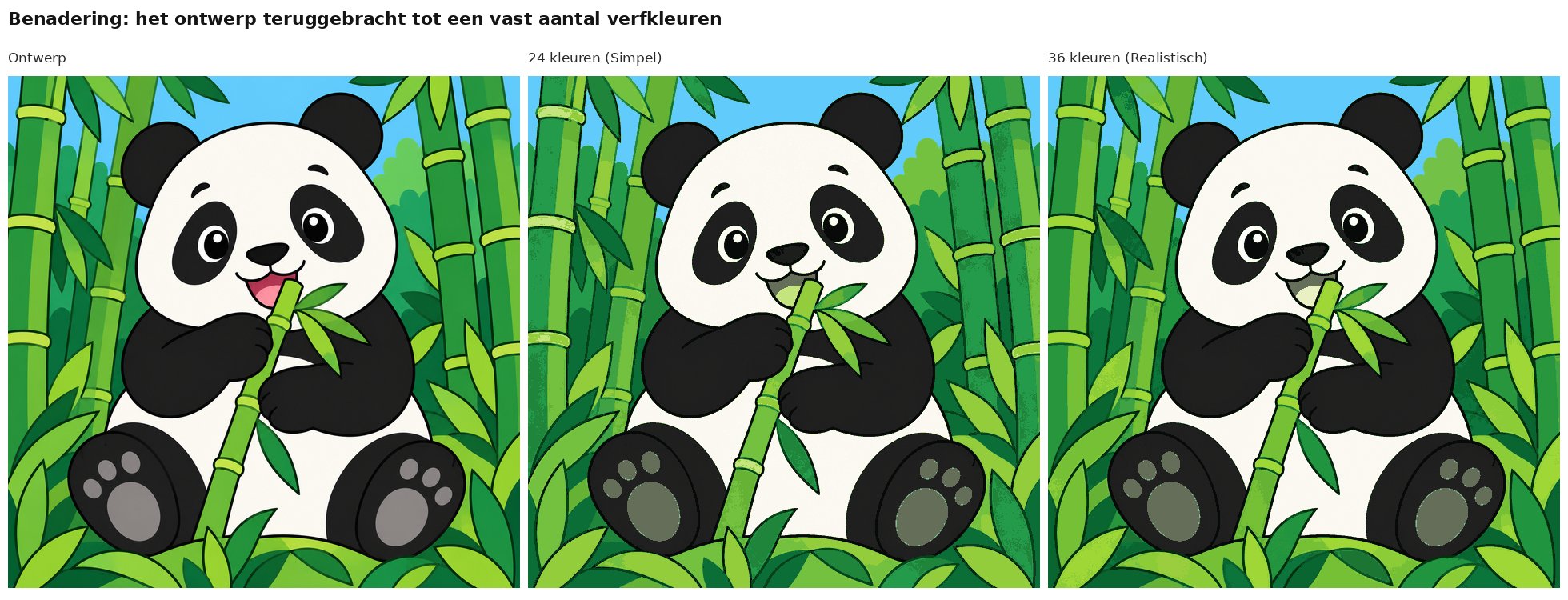 Benadering van het ontwerp panda met bamboe met 24 en 36 verfkleuren
