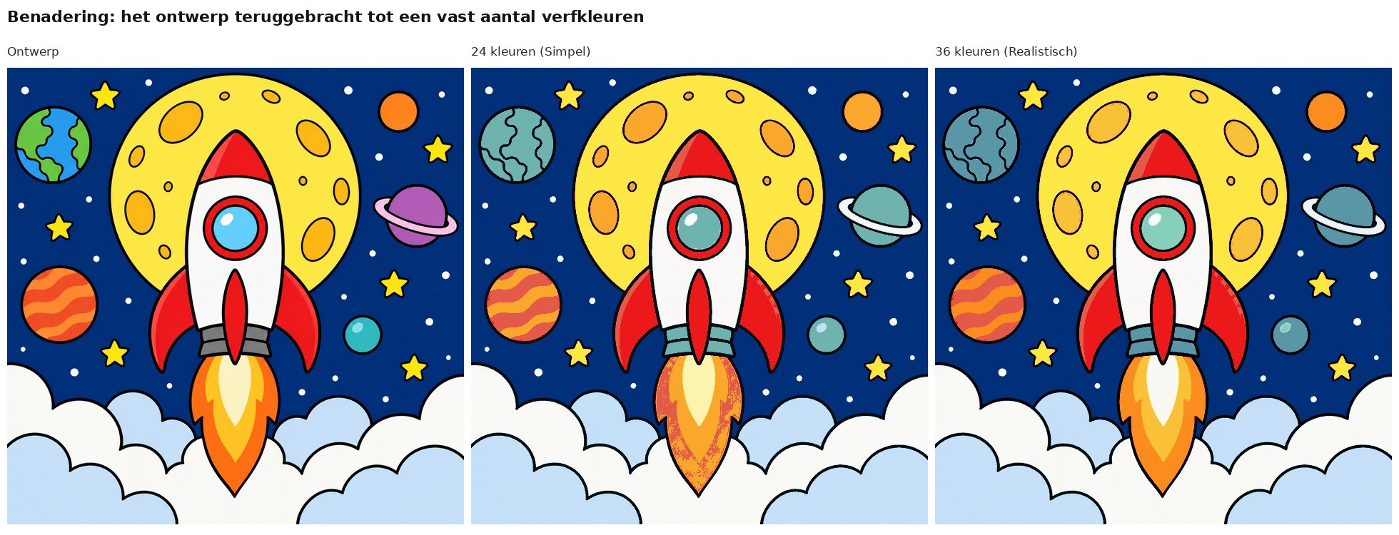 Benadering van het ontwerp raket naar de maan met 24 en 36 verfkleuren