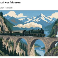 Benadering van het ontwerp stoomtrein over een stenen brug met 24 en 36 verfkleuren