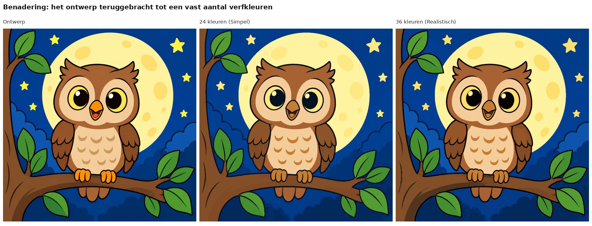 Benadering van het ontwerp uiltje bij de volle maan met 24 en 36 verfkleuren