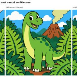 Benadering van het ontwerp vrolijke dinosaurus bij de vulkaan met 24 en 36 verfkleuren