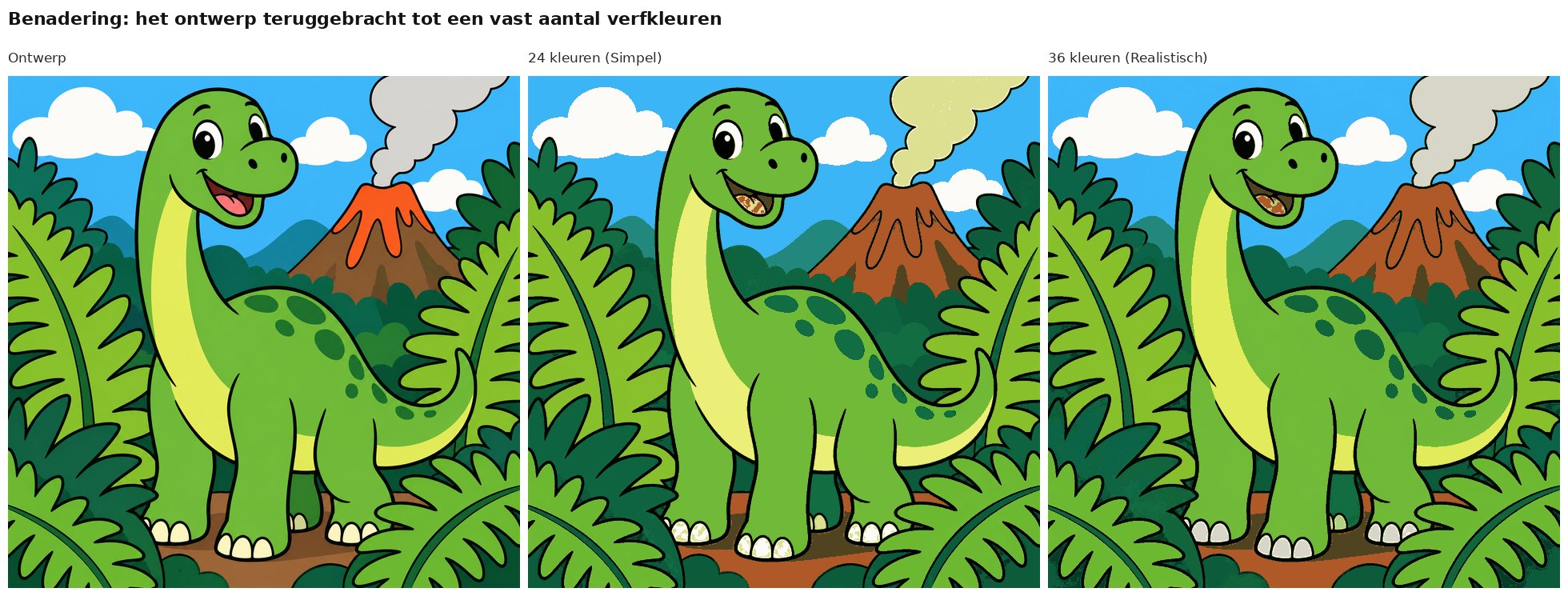 Benadering van het ontwerp vrolijke dinosaurus bij de vulkaan met 24 en 36 verfkleuren