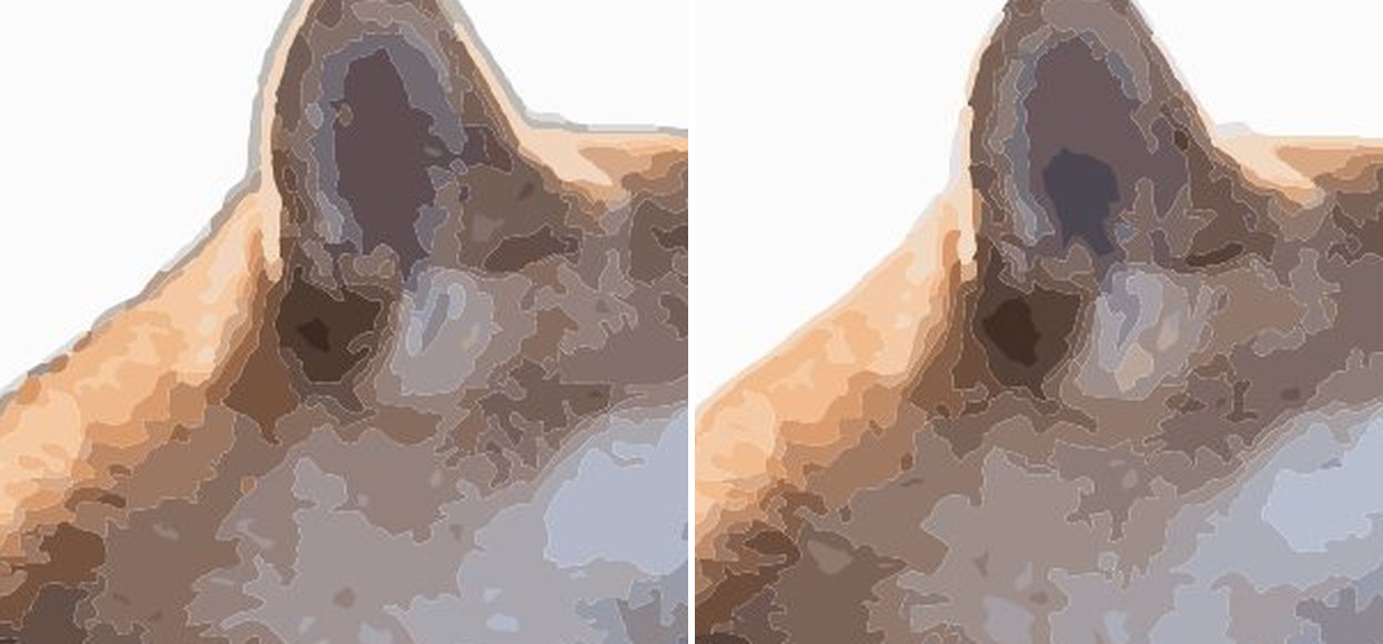 Zoom op het oor van de hond: links met grijze rand na uitsnijden, rechts na het inkrimpen van het masker