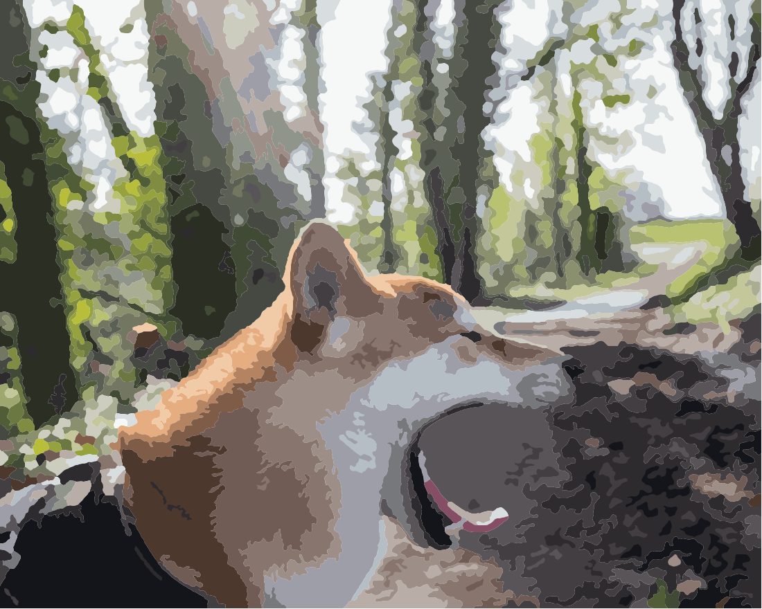 Digitaal proefresultaat van de originele foto: de hond tussen bomen, 995 vakjes waarvan 89 op de hond