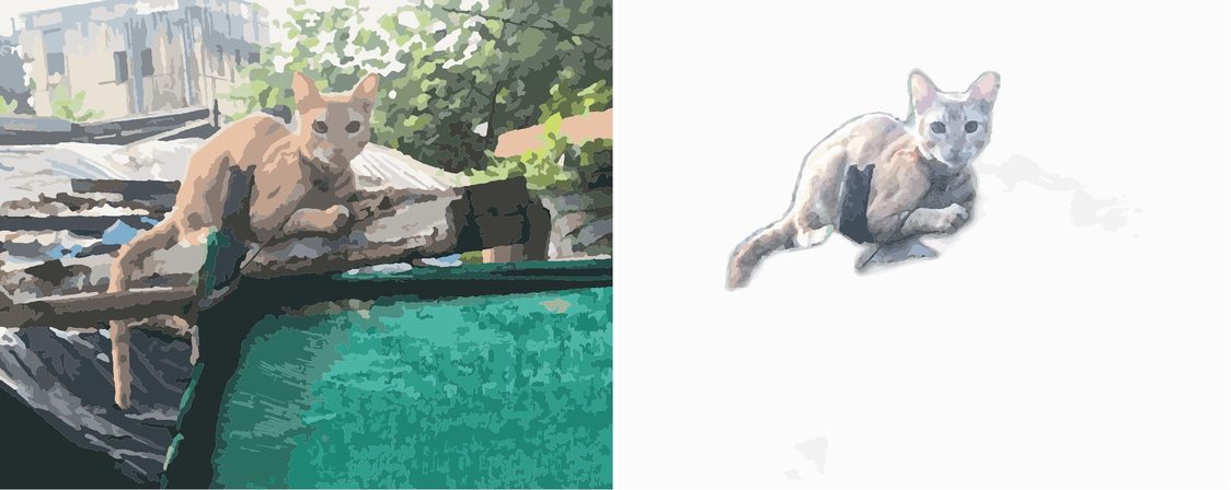 Digitaal proefresultaat van de kat op het dak: links met rommelige achtergrond, rechts na verwijdering van de achtergrond