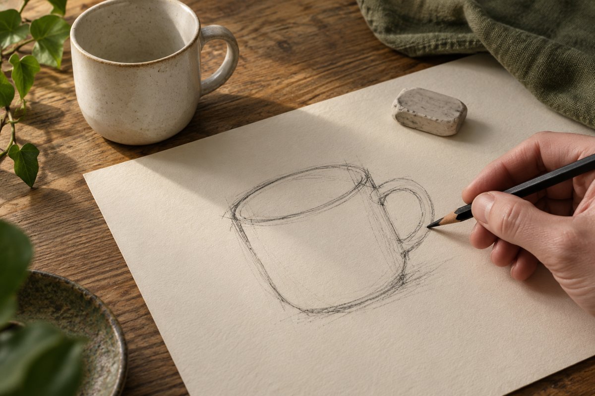 Potloodschets van een mok met een oorspronkelijke en een aangepaste contour