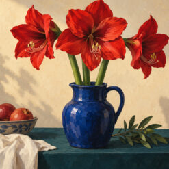 Digitaal ontwerp: amaryllis in een blauwe kan