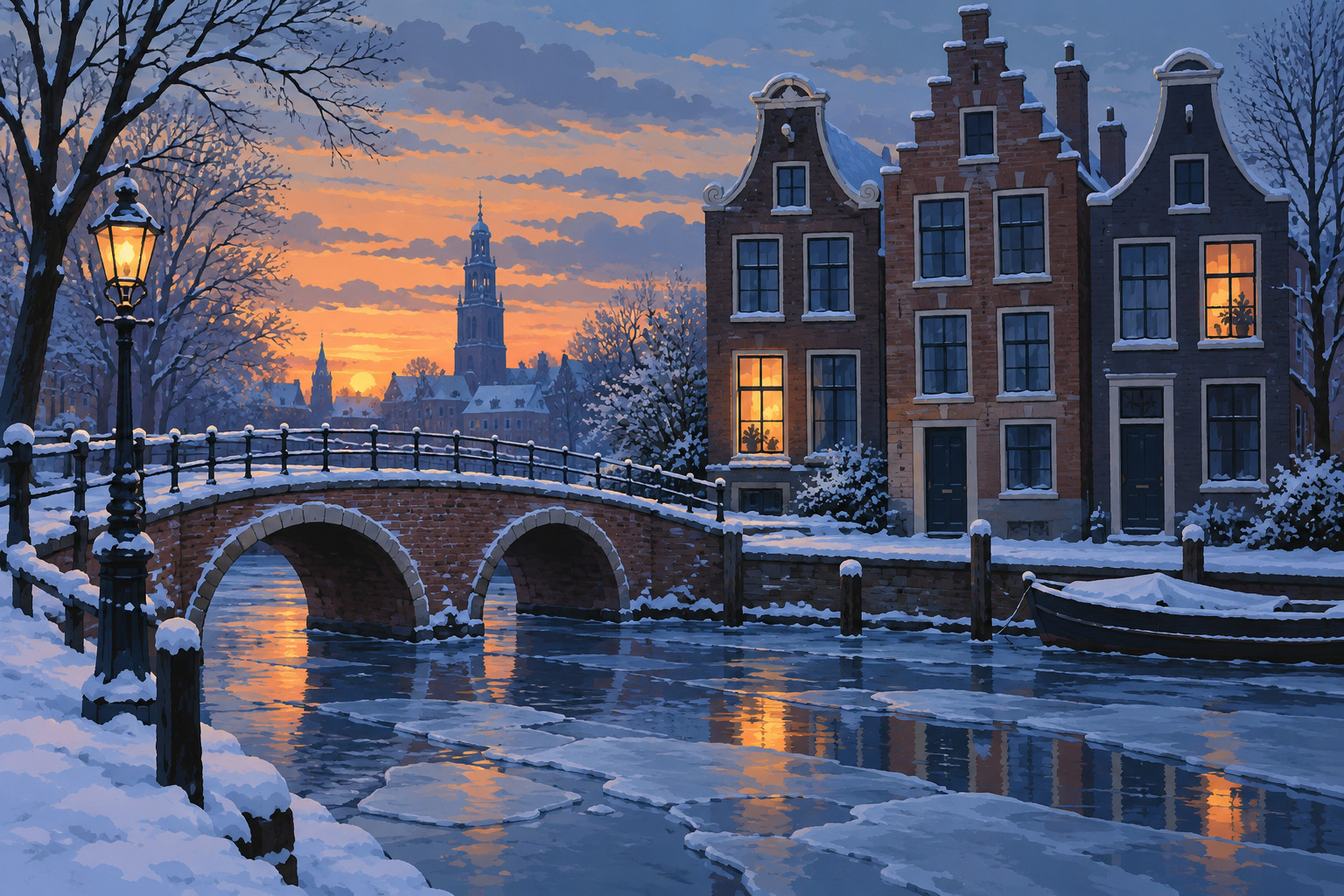 Digitaal ontwerp: gracht op een winteravond