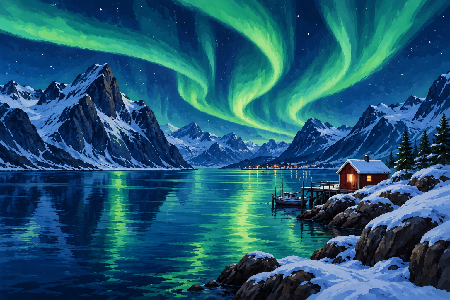 Digitaal ontwerp: noorderlicht boven de fjord