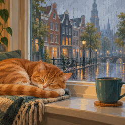 Digitaal ontwerp: poes bij een regenraam